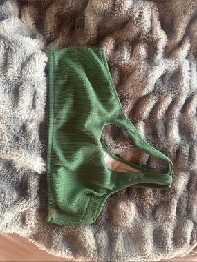 PINK Victoria's Secret Green Textured one shoulder swim top with White Lining
